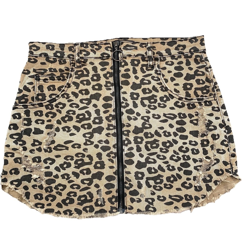 Almost Famous Leopard Print Mini Skirt Sz 9 Front Zipper Fringe Hem Distress